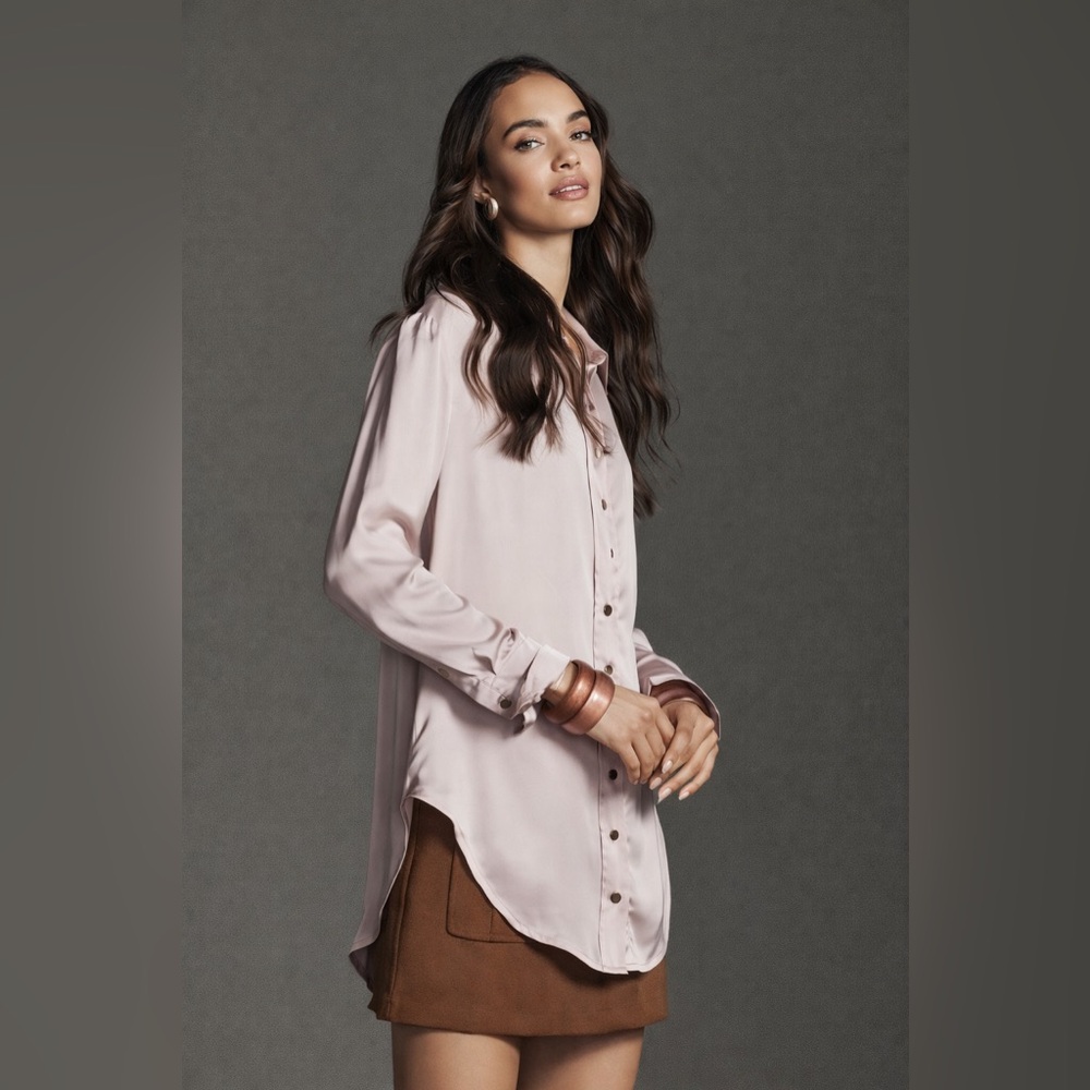 Pilcro Longline Silky Buttondown Shirt Blush Pink Viscose Anthropologie Size S
